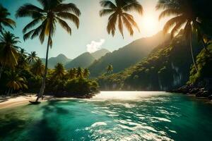 tropical beach with palm trees and mountains. AI-Generated photo