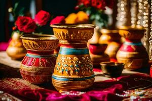 indio Boda decoración con oro y rojo flores generado por ai foto