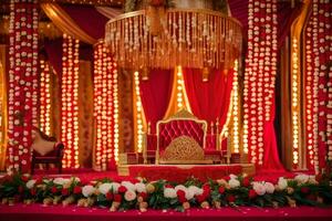 a red and gold wedding stage with a gold throne. AI-Generated photo