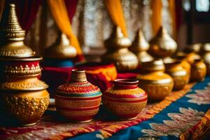 golden vases on a table with colorful curtains. AI-Generated photo