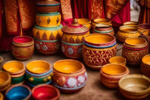 colorful pots and bowls are displayed on a table. AI-Generated photo