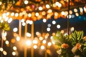 a wedding ceremony with lights and flowers. AI-Generated photo