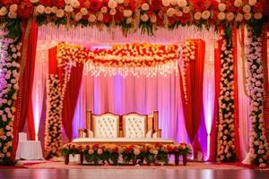 a wedding stage decorated with flowers and red curtains. AI-Generated photo