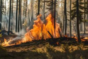 un bosque fuego en el medio de un bosque. generado por ai foto