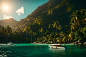 a boat in the ocean near palm trees. AI-Generated photo