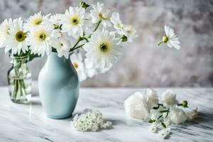 blanco flores en un azul florero en un mesa. generado por ai foto