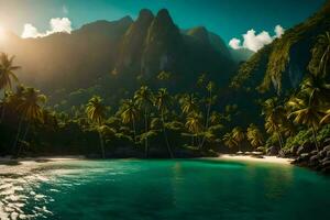 tropical beach with palm trees and mountains. AI-Generated photo