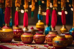 indian wedding decor with colorful pots and garlands. AI-Generated photo