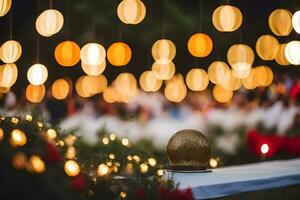 a table with lights and a golden ball. AI-Generated photo