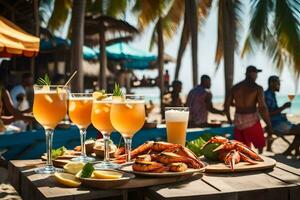 a table with drinks and crab on it at the beach. AI-Generated photo