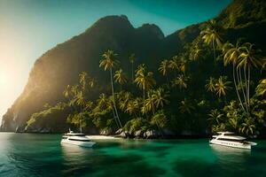 dos barcos en el Oceano cerca un tropical isla. generado por ai foto