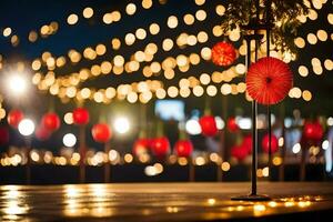 a table with red lanterns and lights. AI-Generated photo