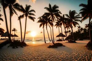 el Dom conjuntos terminado un tropical playa con palma arboles generado por ai foto