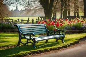 un parque banco en frente de un parque con flores generado por ai foto