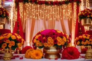 a wedding reception table with red and orange flowers. AI-Generated photo