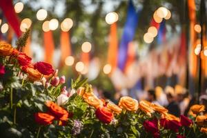 vistoso flores son en frente de un grande multitud. generado por ai foto