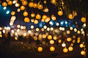 muchos luces son colgando desde un árbol. generado por ai foto