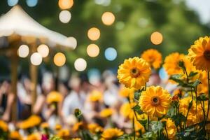 yellow flowers in a field with people in the background. AI-Generated photo