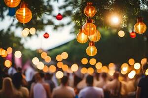 a group of people sitting in a circle with lanterns hanging from the trees. AI-Generated photo