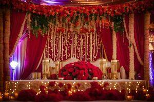 a red and gold wedding set up with candles and flowers. AI-Generated photo