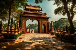 a wedding ceremony in a temple with people standing in front of it. AI-Generated photo