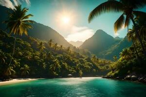 tropical beach with palm trees and mountains. AI-Generated photo