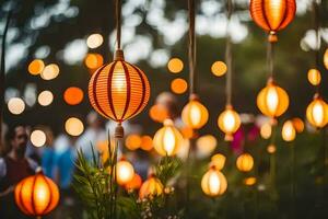 many lanterns hanging from the trees. AI-Generated photo