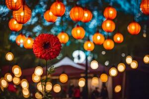 a red flower is in front of a group of orange lanterns. AI-Generated photo