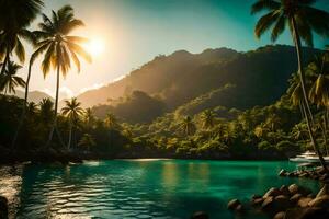 tropical island with palm trees and rocks. AI-Generated photo