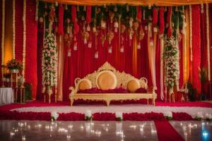 a wedding stage decorated with red and gold. AI-Generated photo