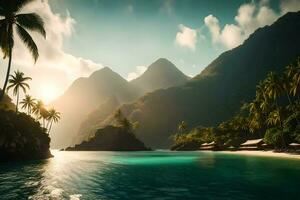 a tropical island with palm trees and mountains. AI-Generated photo