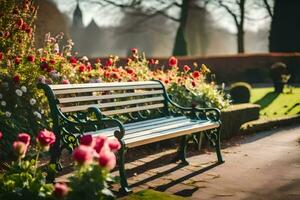 un parque banco en frente de un jardín con flores generado por ai foto