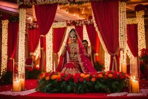 a bride in red and gold is sitting on a red and gold stage. AI-Generated photo