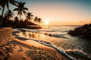 the sun sets on the beach in the caribbean. AI-Generated photo