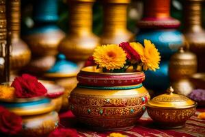 golden vases with flowers and colorful decorations. AI-Generated photo