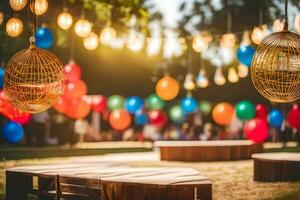 vistoso globos y colgando luces en un parque. generado por ai foto