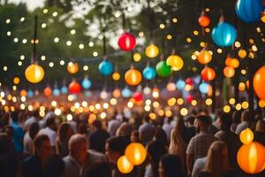a crowd of people at an outdoor event with colorful balloons. AI-Generated photo