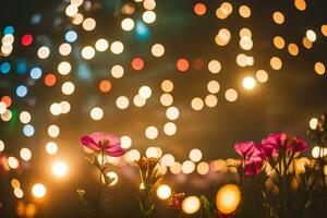 flores en frente de un borroso antecedentes de luces. generado por ai foto
