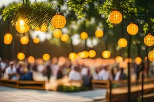 a group of people sitting under a tree with hanging lights. AI-Generated photo