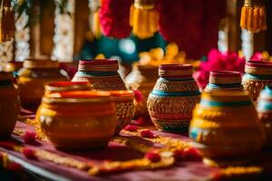 colorful pots and vases on a table. AI-Generated photo