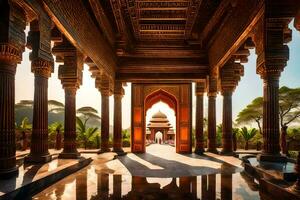 the sun shines through the archway of an indian temple. AI-Generated photo