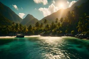 a boat is docked in the ocean near a tropical island. AI-Generated photo