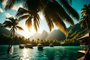 tropical island with palm trees and boats in the water. AI-Generated photo