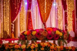 a colorful wedding stage with flowers and lights. AI-Generated photo