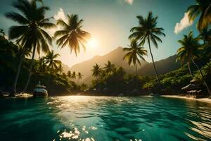 tropical island with palm trees and the sun shining. AI-Generated photo