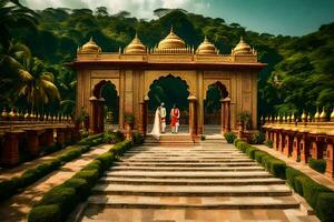 un Pareja en pie en frente de un indio templo. generado por ai foto