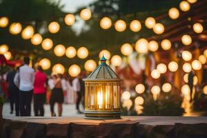 a lantern is sitting on a stone wall with people walking by. AI-Generated photo