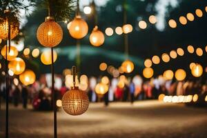 Navidad luces colgando desde arboles en un parque. generado por ai foto