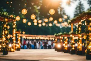 an outdoor wedding with lights and decorations. AI-Generated photo