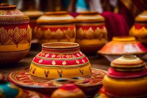 colorful pottery is displayed on a table. AI-Generated photo